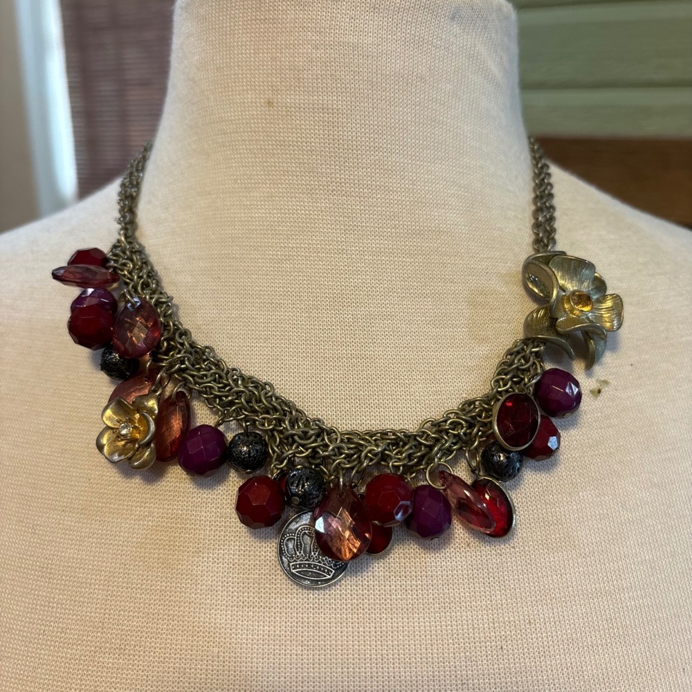 Antique Gold Tone Multi Layered Necklace Faceted Red‎ Purple Beads Flower Coin